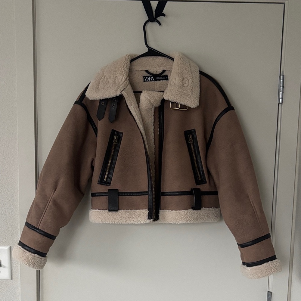 Zara Tan Teddy Jacket with Shearling Trim